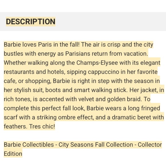 Vintage Barbie Doll Autumn In Paris 1998 Collectors Ed. City Seasons New NIB - Picture 12 of 12